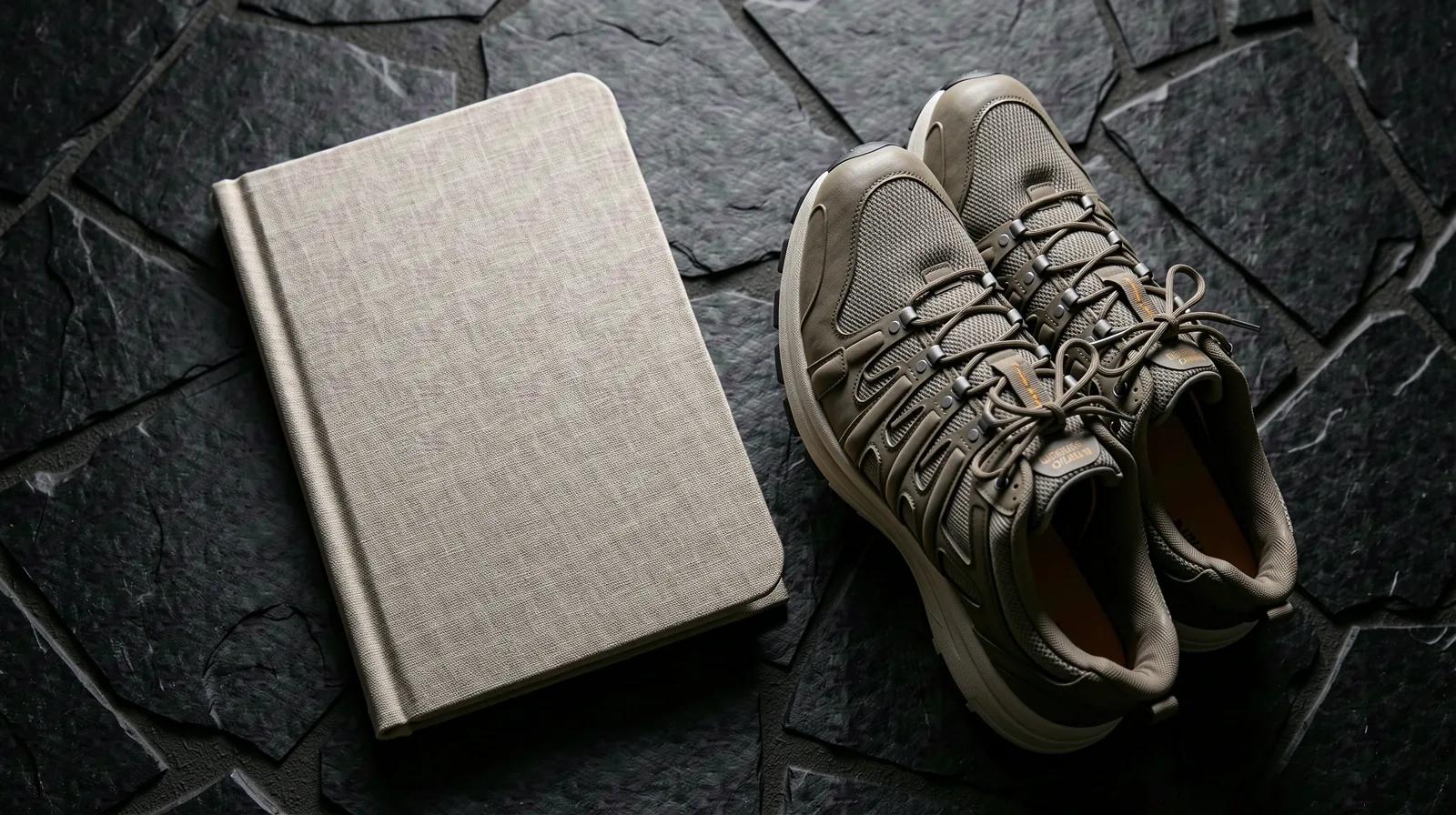 A serene scene of a journal resting on a stone desk